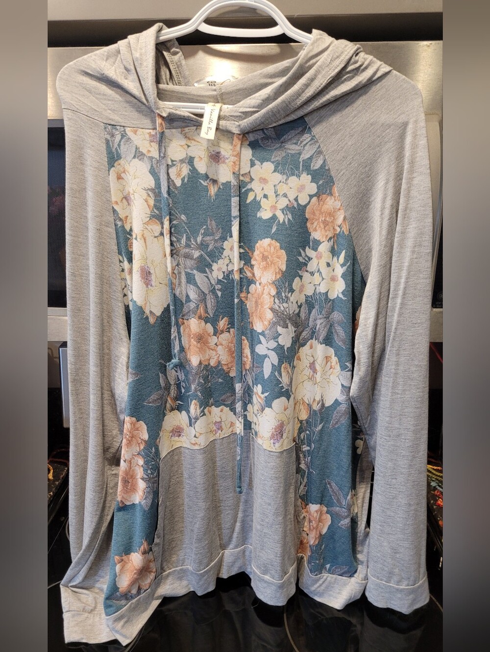 Vanilla Bay Teal Floral Raglan Hoodie with Gray Accents